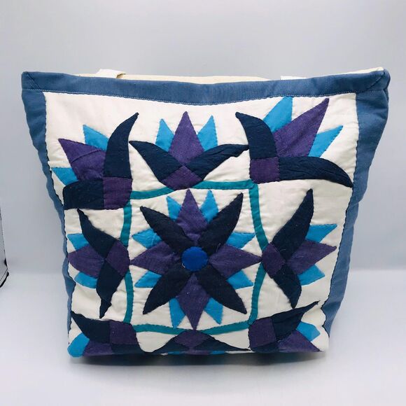 Handmade Tote Bag: Repurposed, Amish Purples and Blues Cottage Core Library Tote - Picture 4 of 8